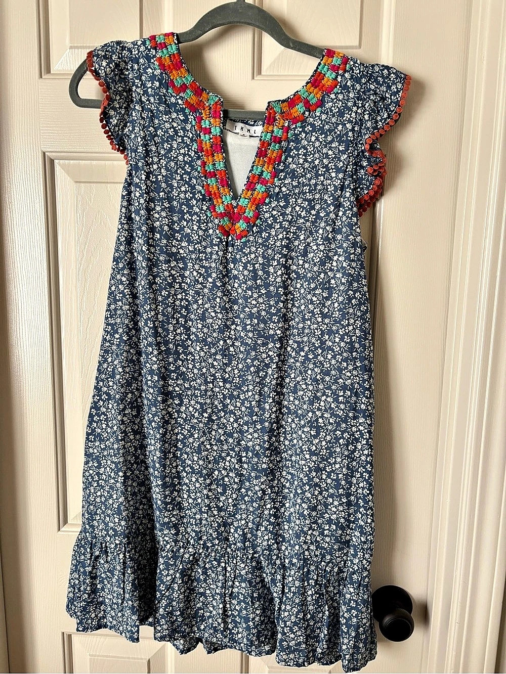 THML Palm Beach Bound Blue Cotton Floral Mini Dress Size Small